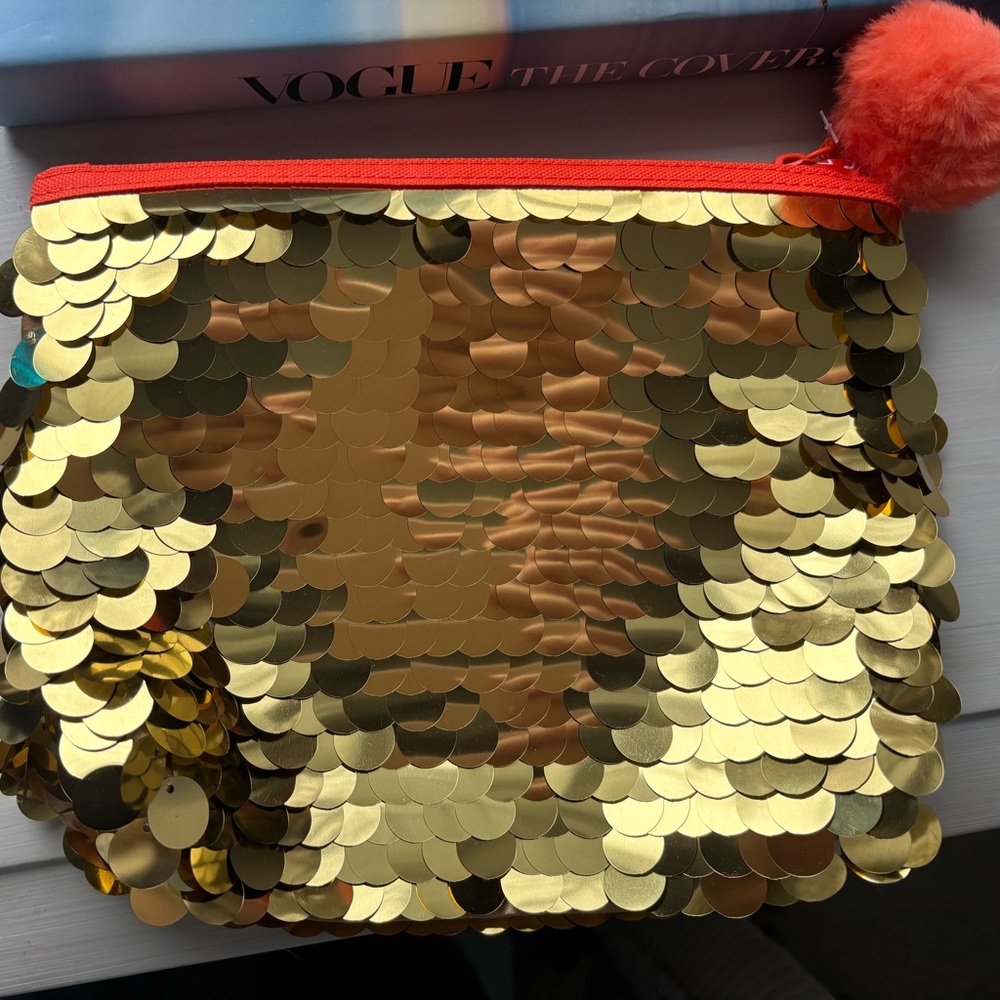 Sephora Gold Sequin Cosmetic Bag with Red Trim